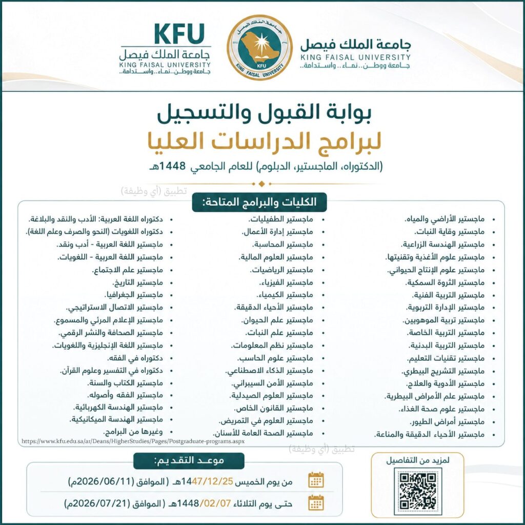 (🔴) جامعة الملك فيصل تعلن فتح القبول لـ (٦٨) برنامجاً للدراسات العليا للعام الجامعي ١ […]