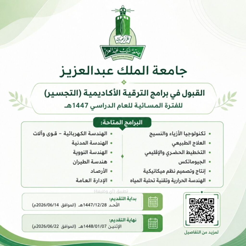 (🔴) جامعة الملك عبدالعزيز تعلن فتح باب القبول في برامج الترقية الأكاديمية (التجسير) ل […]