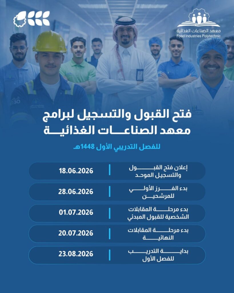 (🔴) معهد الصناعات الغذائية يعلن موعد فتح القبول والتسجيل لبرامجه للفصل التدريبي الأول […]