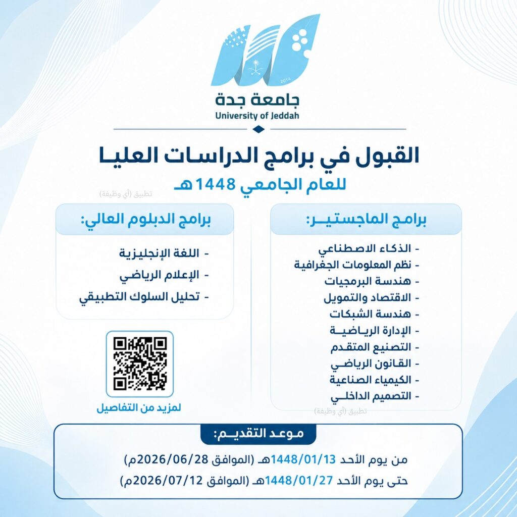 (🔴) جامعة جدة تعلن فتح القبول لبرامج الدراسات العليا لعام ١٤٤٨هـ:⭐️ البرامج تشمل (ال […]