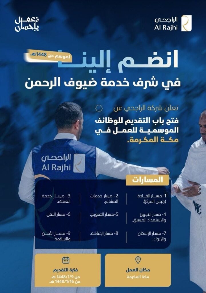 (🔴) شركة الراجحي تعلن فتح باب التقديم للوظائف الموسمية لموسم حج ١٤٤٨هـ:📍 مكان العمل  […]