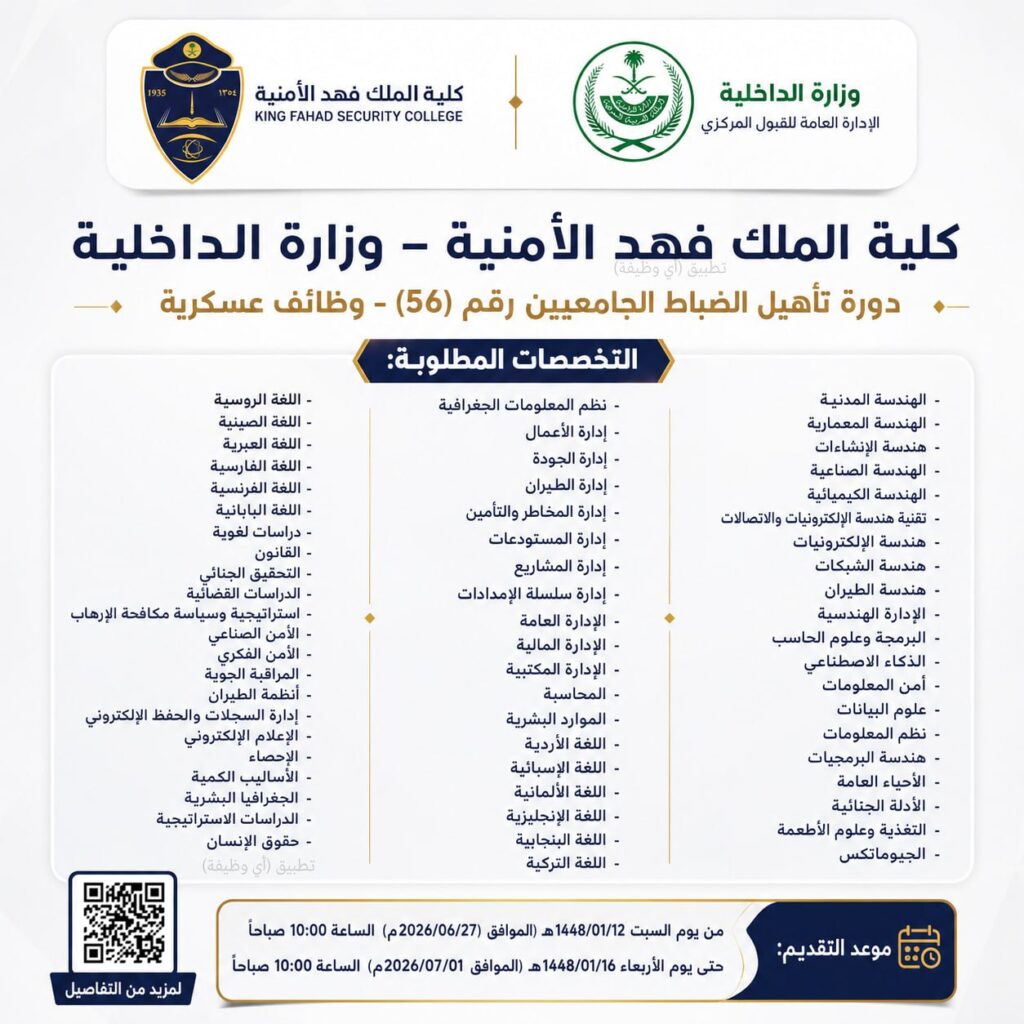 (🔴) عاجل ورسميًا (الضبّاط الجامعيين ⭐️) كلية الملك فهد الأمنية تعلن فتح القبول لدورة […]
