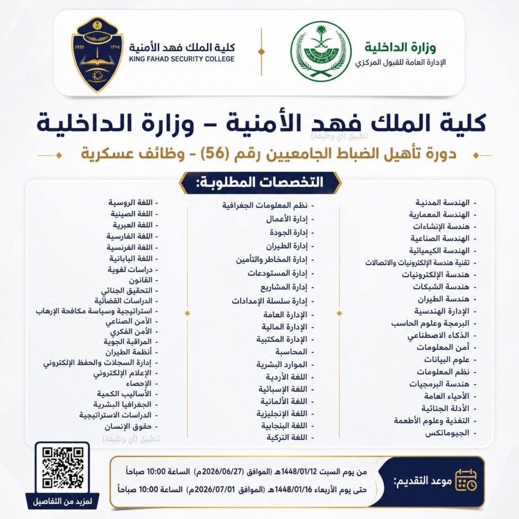 🔴 (الضبّاط الجامعيين ⭐️) كلية الملك فهد الأمنية تعلن فتح القبول لدورة تأهيل الضباط ا […]