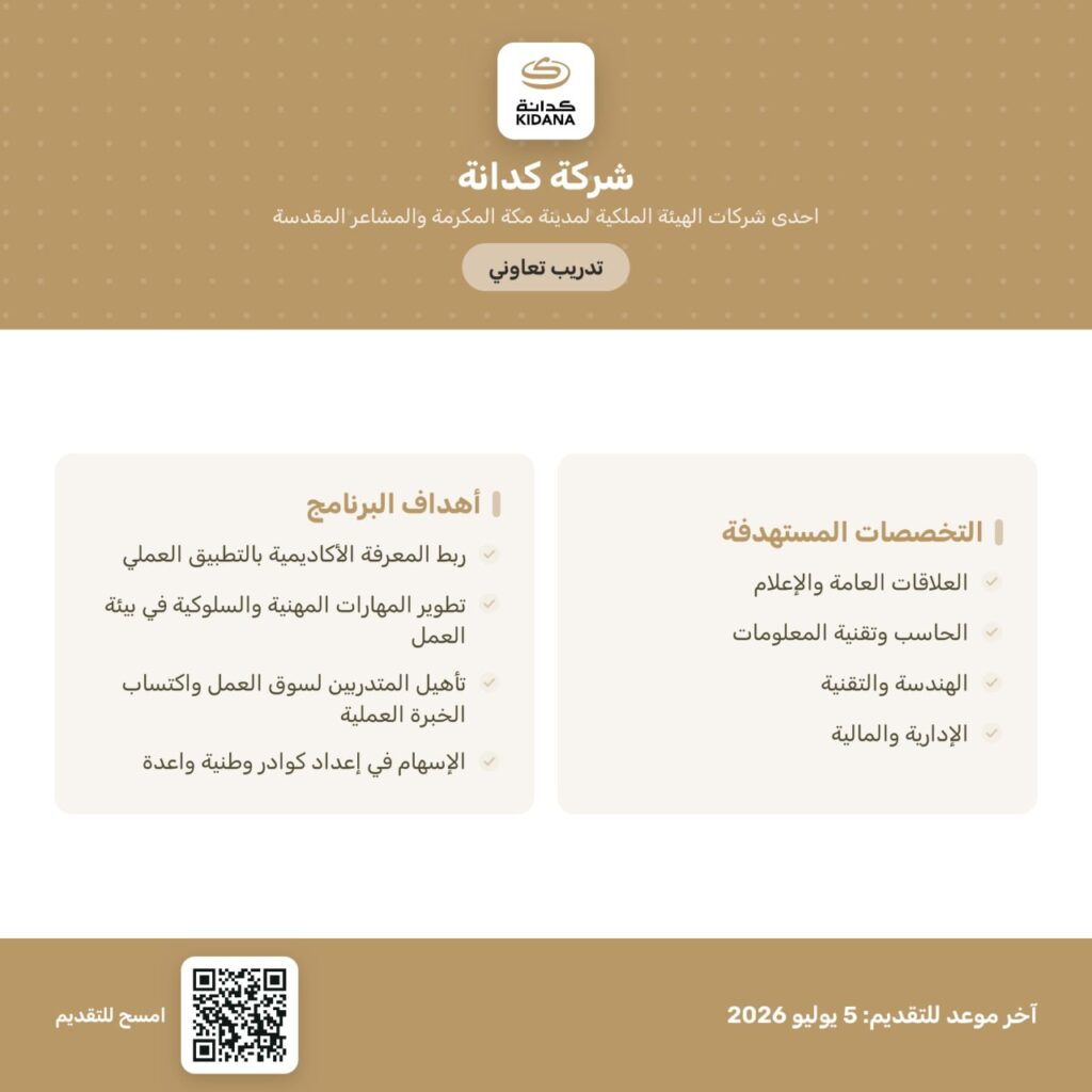 🔴 شركة كدانة (احدى شركات الهيئة الملكية لمدينة مكة المكرمة والمشاعر المقدسة) تعلن بدء […]