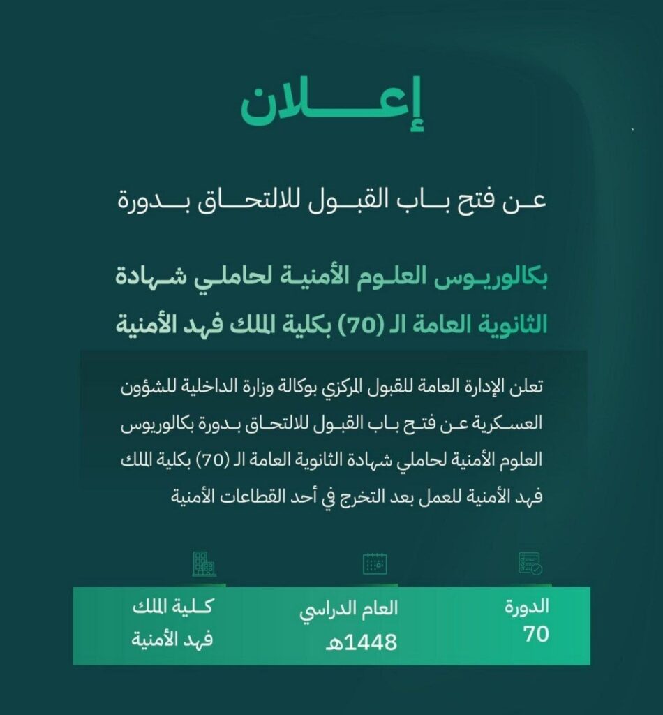 (🔴) عاجل (بدأ التقديم الآن ✅ ) الكلية الأمنية تعلن فتح القبول لحملة الثانوية:▪️ الفئ […]