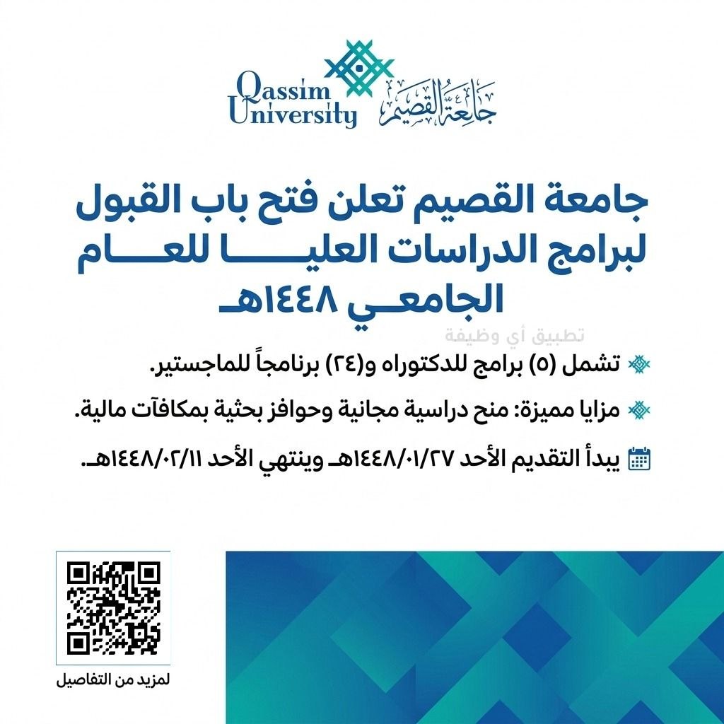 (🔴) جامعة القصيم تعلن فتح باب القبول لبرامج الدراسات العليا للعام الجامعي ١٤٤٨هـ:▪️ ت […]