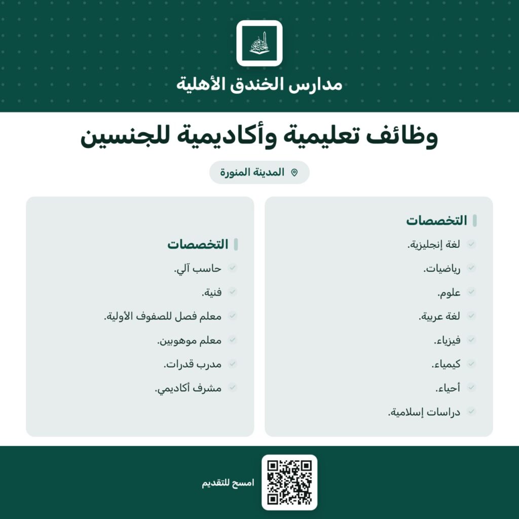(🔴) مدارس الخندق الأهلية بالمدينة المنورة تعلن وظائف تعليمية وأكاديمية لعام ١٤٤٨هـ في […]