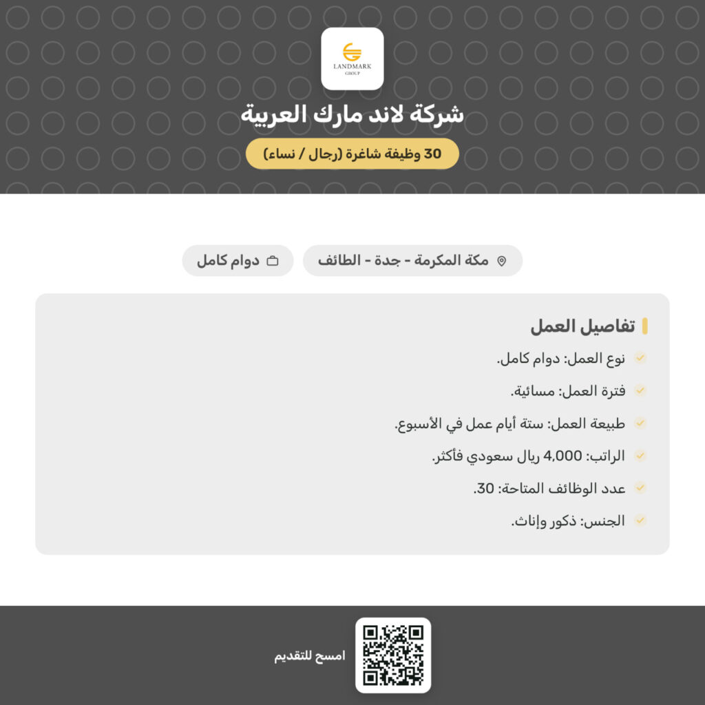 (🔴) للثانوية فأعلى – شركة لاند مارك العربية توفر ٣٠ وظيفة شاغرة (رجال / نساء) برواتب  […]