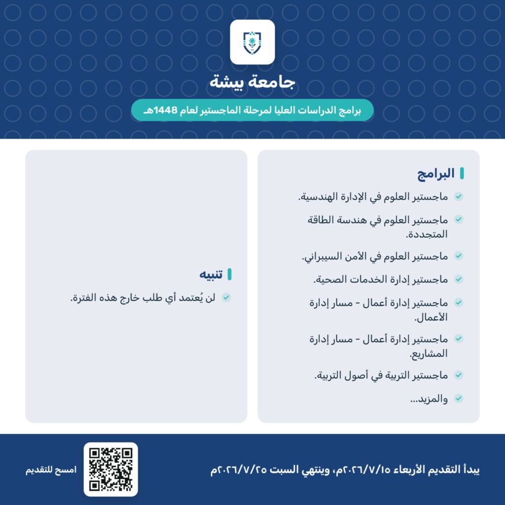 (🔵) جامعة بيشة تعلن عن فتح باب القبول في برامج الماجستير للعام الجامعي ١٤٤٨هـ🌟التخصص […]