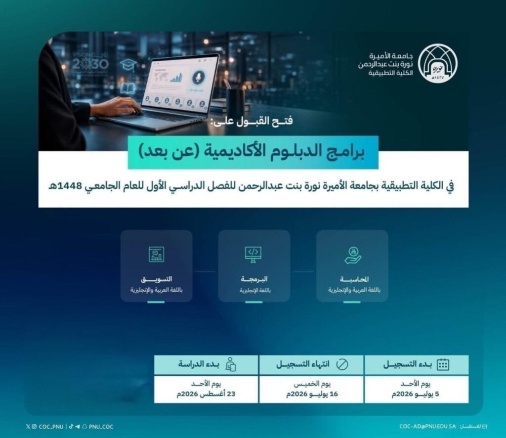 🔴 (عن بُعد) جامعة الأميرة نورة تعلن استمرار القبول في برامج الدبلوم (ينتهي الخميس ١٤٤ […]
