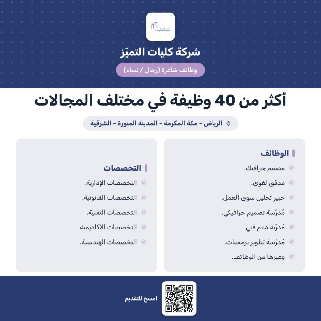 🔴 | أكثر من ٤٠ وظيفة لدى (كليات التميّز – COE) في التخصصات (الإدارية – القانونية – ال […]