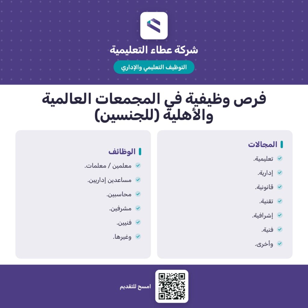 🔴 | التوظيف التعليمي والإداري لعام ٢٠٢٦م:🌟شركة عطاء التعليمية تعلن عن فرص وظيفية تعل […]