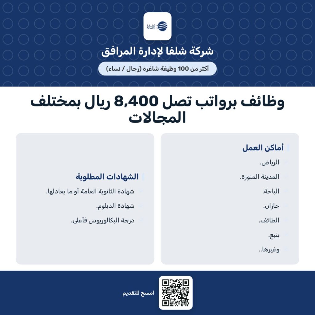 (🔴) ١٠٠ وظيفة (رواتب تصل ٨,٤٠٠ ريال)| شركة شلفا لإدارة المرافق تعلن فتح باب التوظيف ل […]