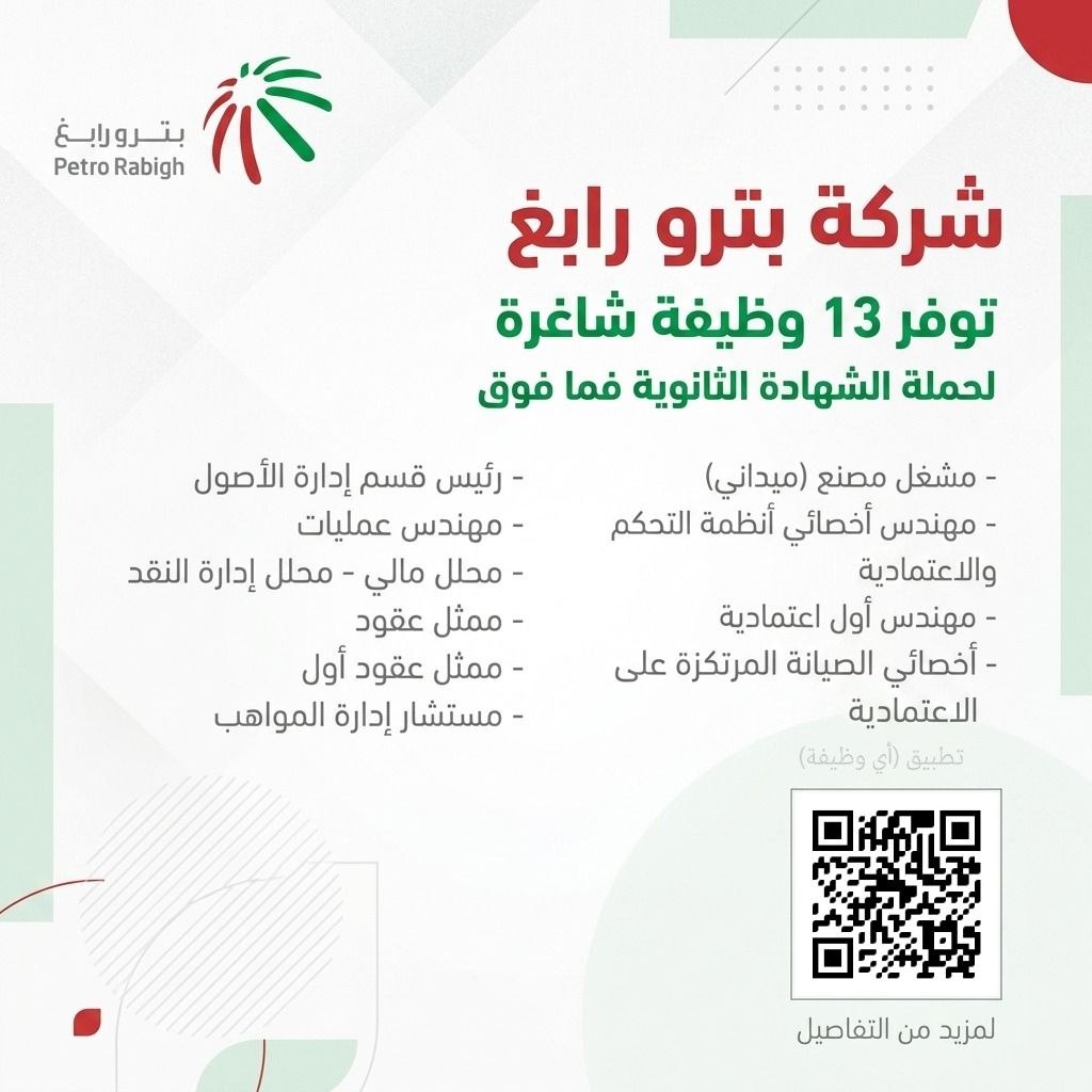 (🔴) فتح التوظيف لدى (شركة بترو رابغ) لحملة (الثانوية فأعلى) في (رابغ):▪️ مشغل مصنع ميداني.