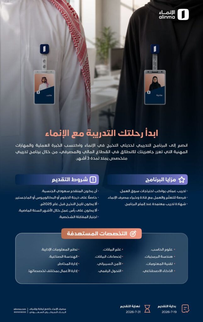 (🔴) مصرف الإنماء يعلن (برنامج تدريبي) لحديثي التخرج لمدة ٣ أشهر بالرياض:▪️ المؤهلات ( […]