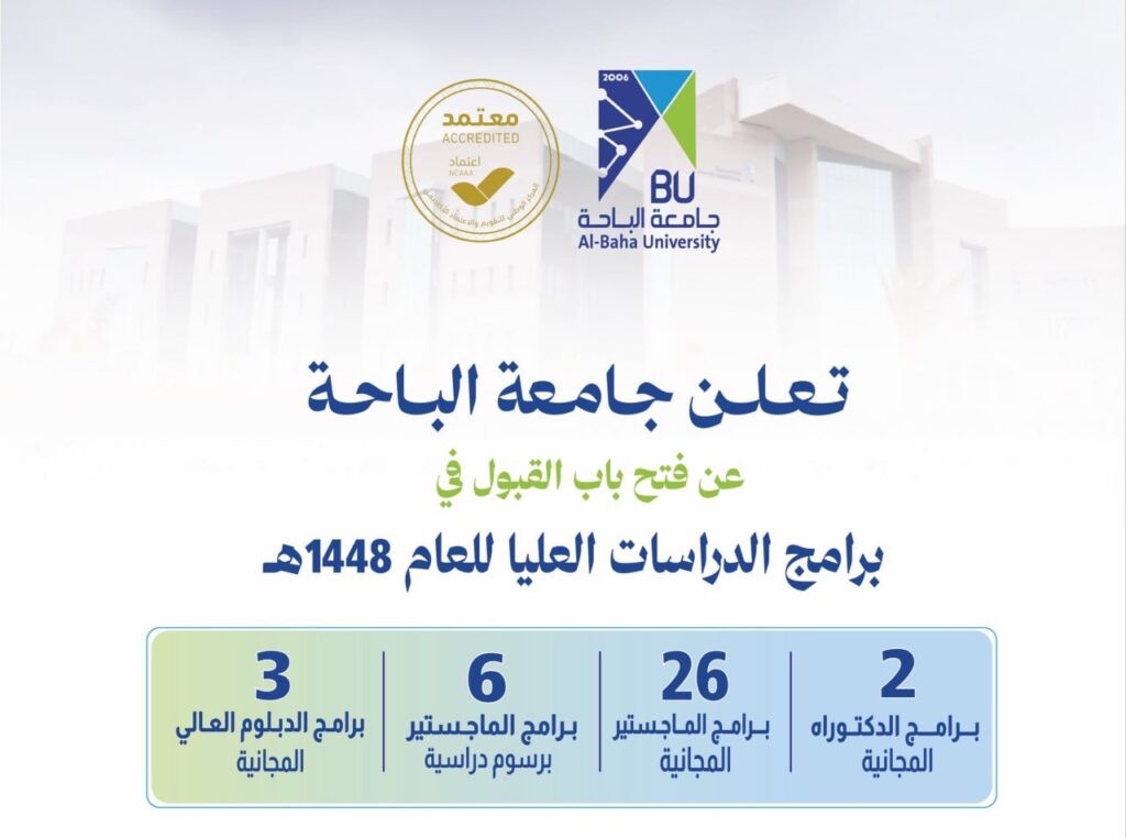 🔴 | (مجانية ومدفوعة) جامعة الباحة تعلن فتح باب القبول للإلتحاق على برامج الدراسات الع […]