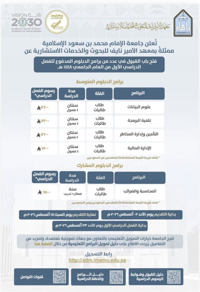 (🔴) جامعة الإمام تعلن فتح باب القبول في برامج الدبلوم (المدفوعة) للعام الجامعي ١٤٤٨هـ […]