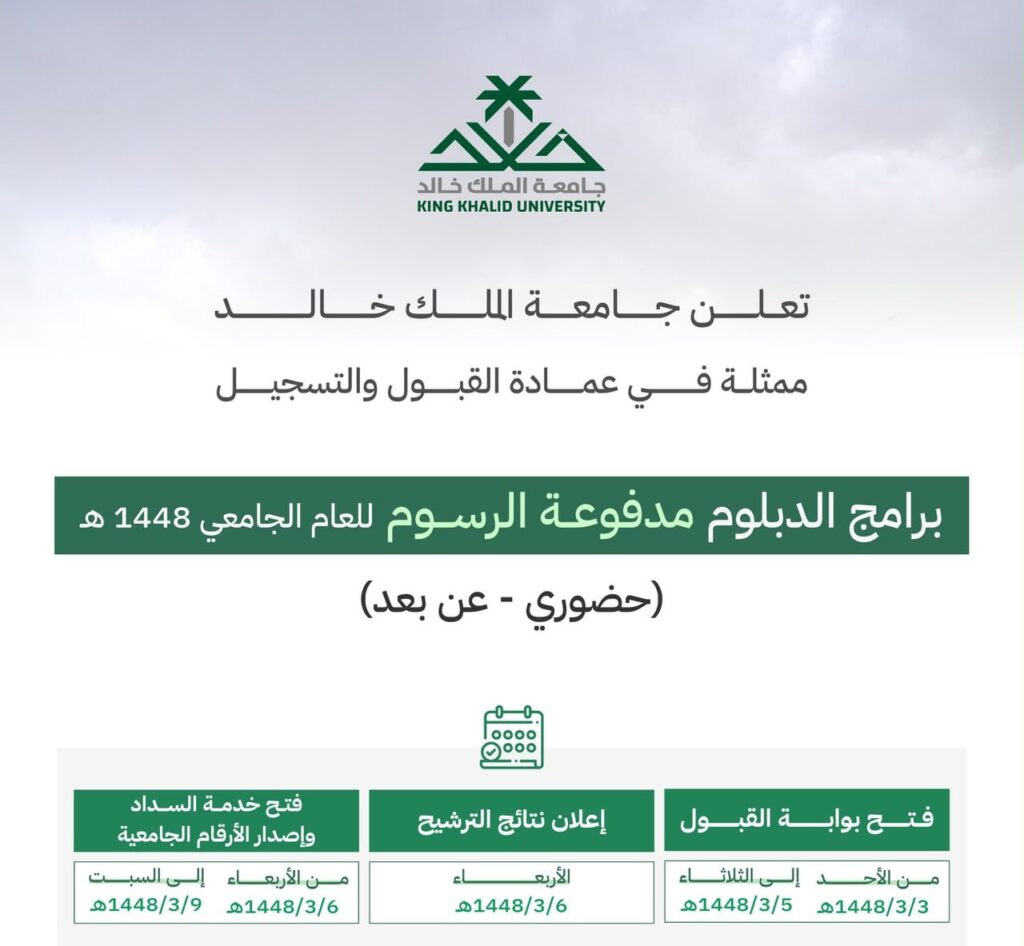 ⭕️ | (حضوري – عن بعد) جامعة الملك خالد تعلن برامج الدبلوم مدفوعة الرسوم للعام الجامعي […]
