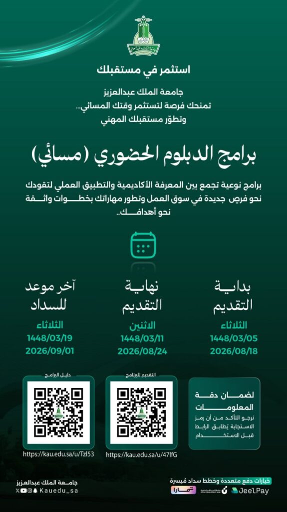 (🔴) جامعة الملك عبدالعزيز تعلن فتح باب القبول في برامج الدبلوم (الحضوري المسائي) لعام […]