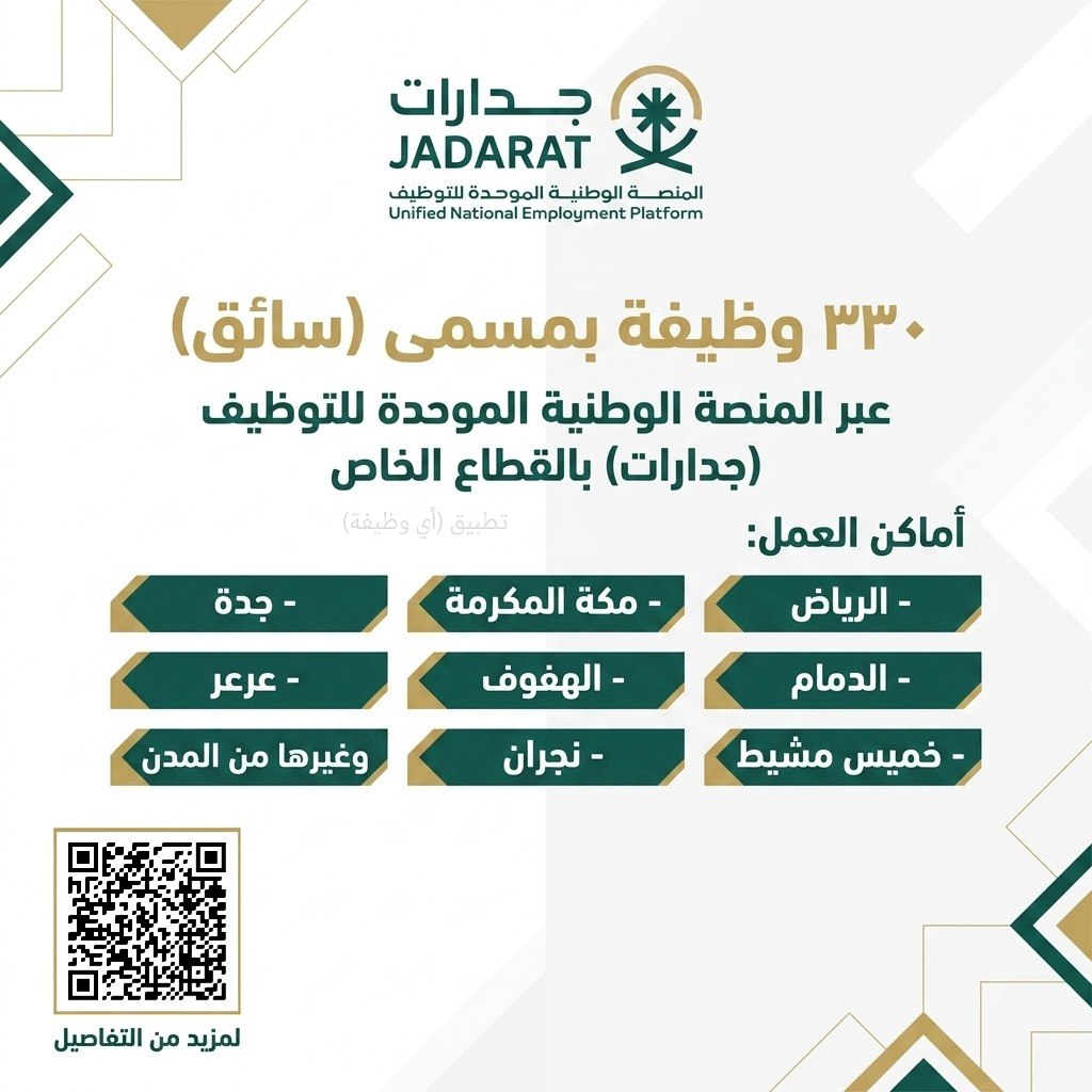 (🔴) ٣٣٠ وظيفة (سائق) عبر المنصة الوطنية الموحدة للتوظيف (جدارات) بالقطاع الخاص:📍 الرياض.