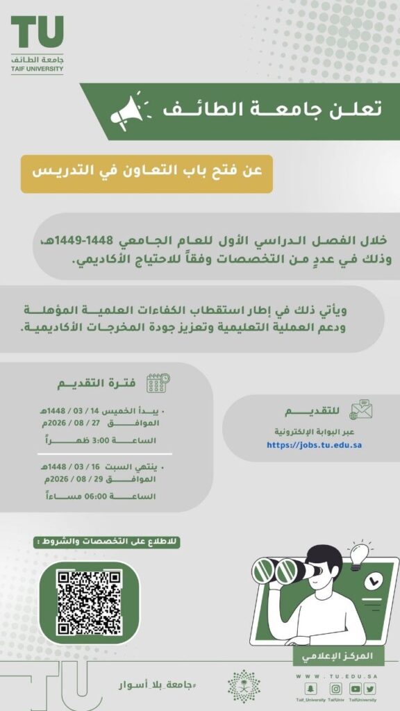 (🔴) جامعة الطائف تعلن فتح باب التعاون في التدريس (لحملة الماجستير والدكتوراه):▪️ الفص […]