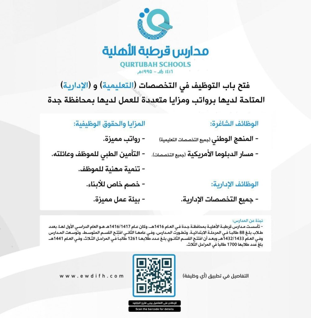 (🔴) فتح باب التوظيف لدى (مدارس قرطبة الأهلية بجدة) للوظائف التعليمية والإدارية (رجال  […]