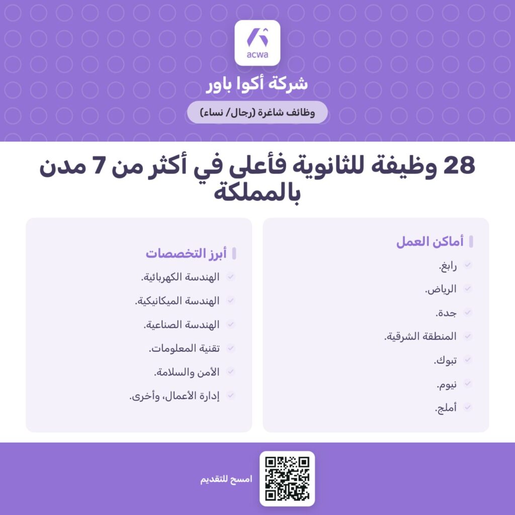 (🔴) للثانوية فأعلى | شركة أكوا باور تعلن 28 وظيفة شاغرة (رجال ونساء) في 7 مدن بالمملكة📍رابغ.