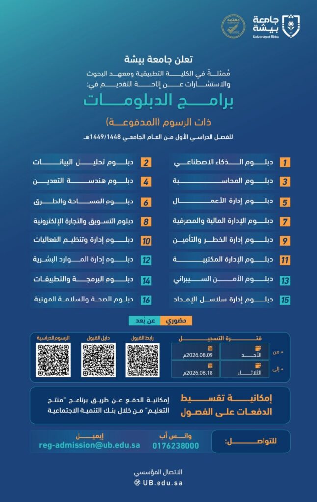 🔴 (عن بُعد) و (حضوري) جامعة بيشة تعلن فتح باب القبول في برامج الدبلومات للعام ١٤٤٨هـ: […]