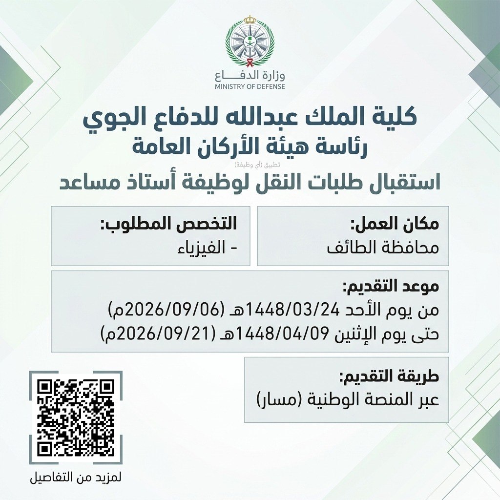 (🔴) كلية الملك عبدالله للدفاع الجوي تعلن استقبال طلبات النقل:▪️ الوظيفة (أستاذ مساعد  […]