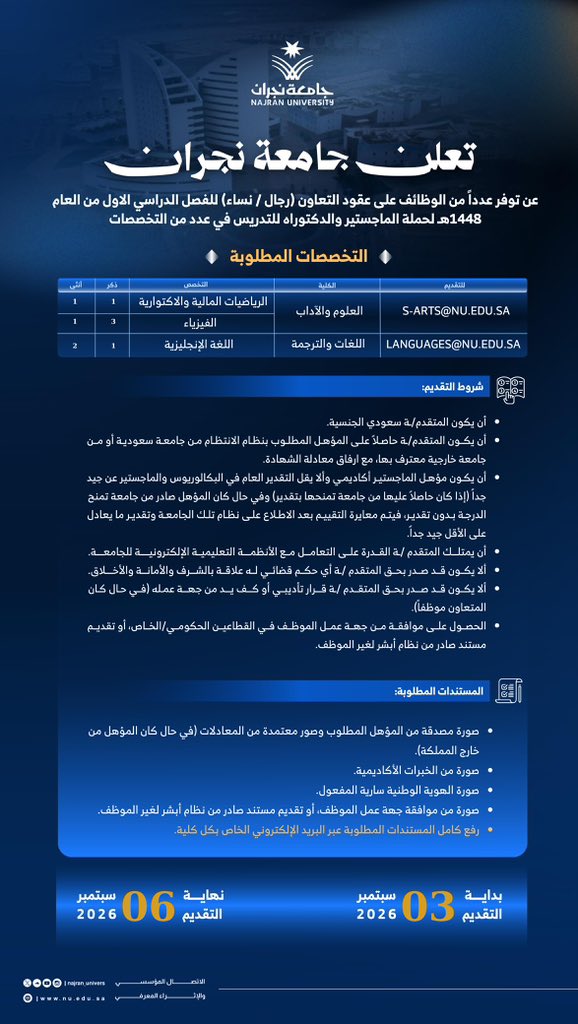 (🔴) جامعة نجران تعلن فتح باب التقديم على وظائف أكاديمية (عقود التعاون) للرجال والنساء […]