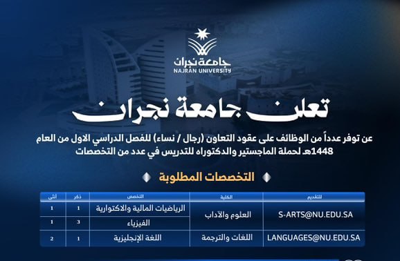 ⭕️ | جامعة نجران تعلن وظائف أكاديمية على عقود التعاون (رجال / نساء) للفصل الدراسي الأ […]