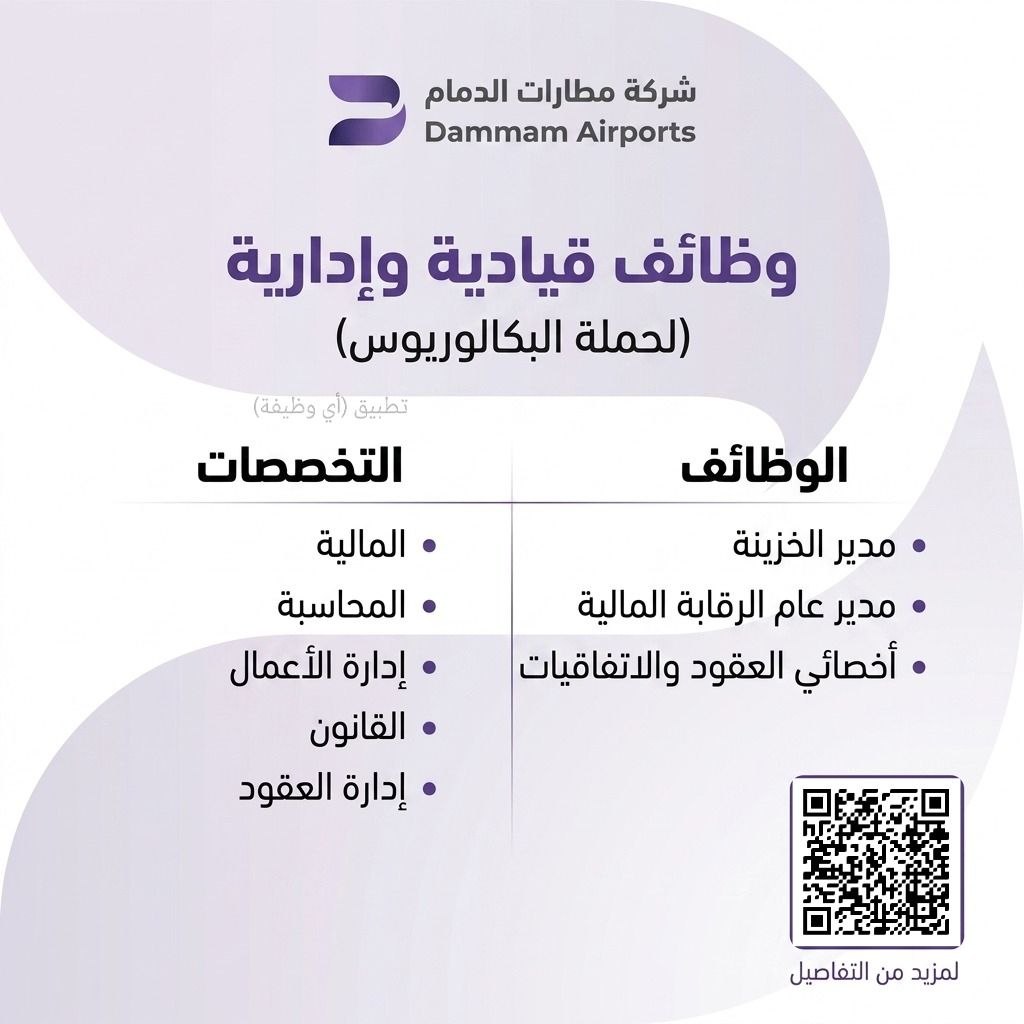(🔴) فتح التوظيف لدى (شركة مطارات الدمام) لعدة تخصصات:▪️ المؤهل المطلوب: درجة البكالوريوس.