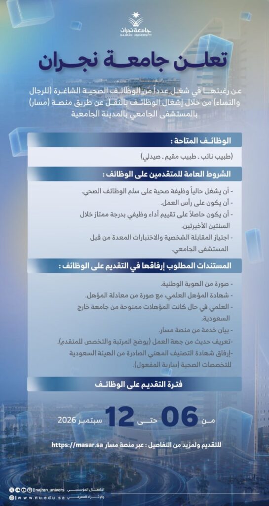 (🔴) جامعة نجران تعلن توفر وظائف صحية عبر منصة (مسار):▪️ الجهة: المستشفى الجامعي (رجال […]