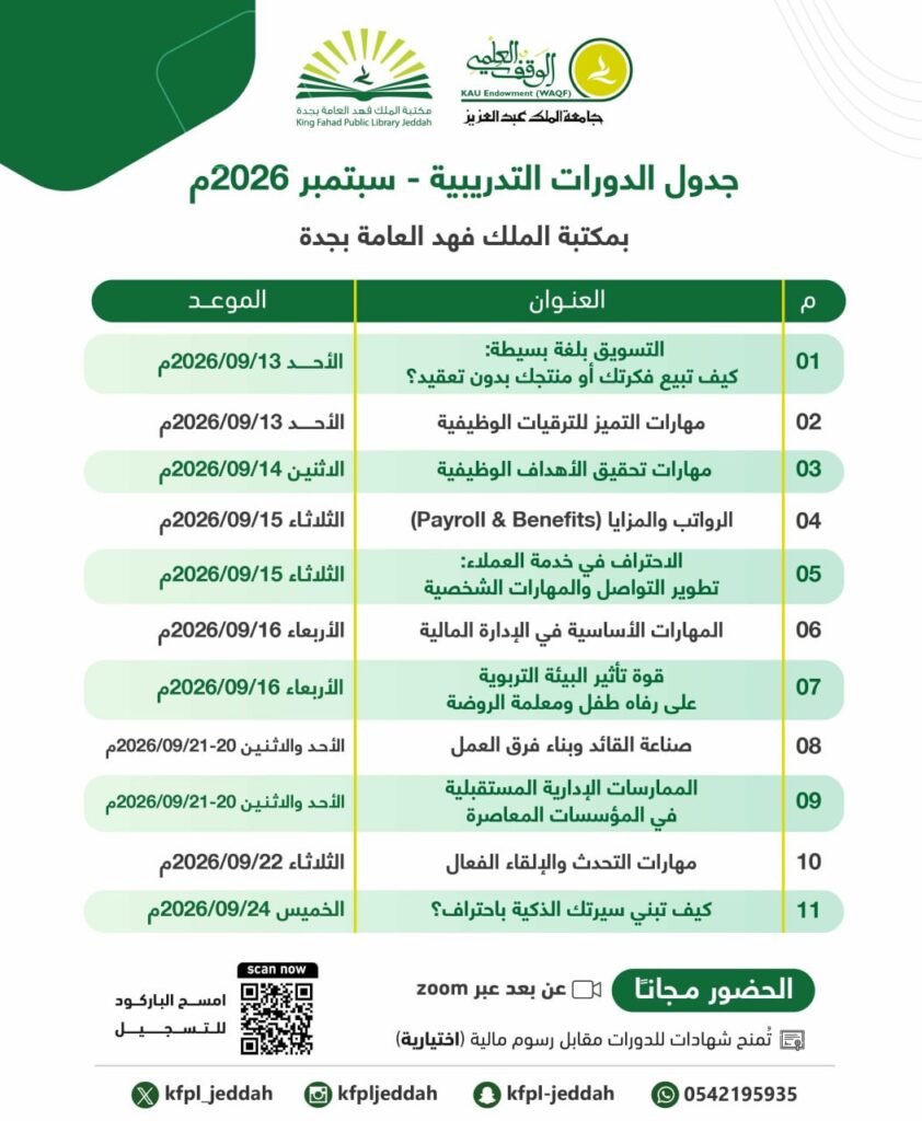 (🔴) دورات تدريبية مجانية (عن بُعد):مكتبة الملك فهد العامة تعلن تنظيم دورات تدريبية (ع […]