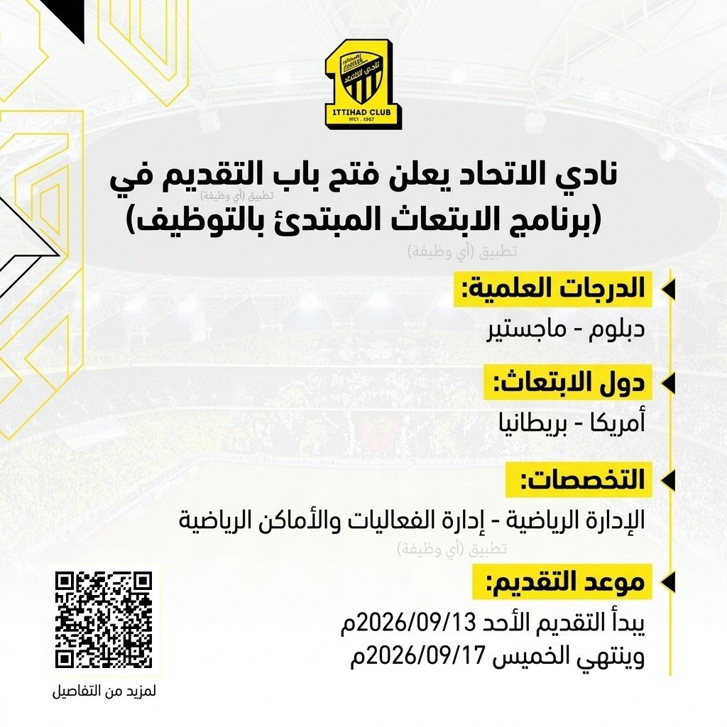(🔴) نادي الاتحاد يعلن فتح باب التقديم في (برنامج الابتعاث المبتدئ بالتوظيف) ينتهي الت […]