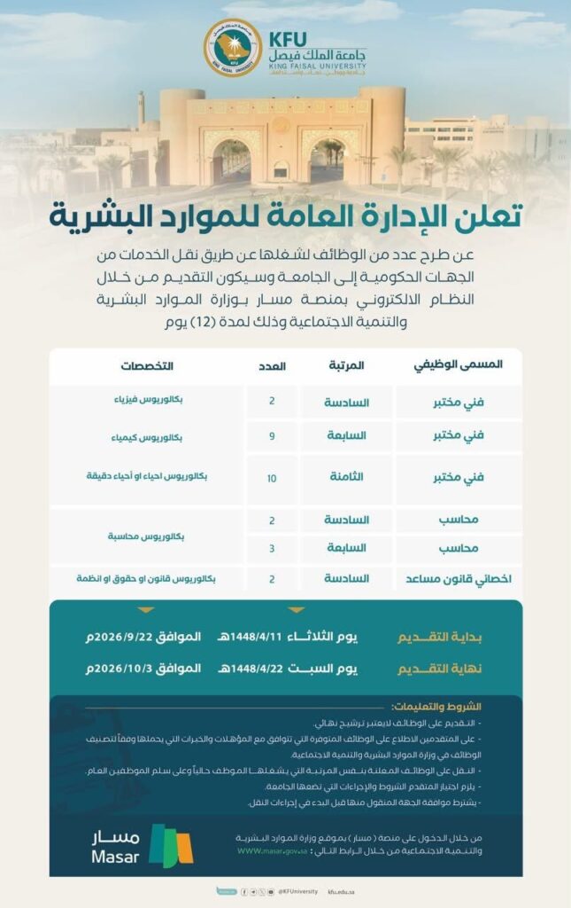 (🔴) جامعة الملك فيصل تعلن وظائف إدارية وفنية عن طريق (نقل الخدمات) عبر منصة (مسار):▪️ […]