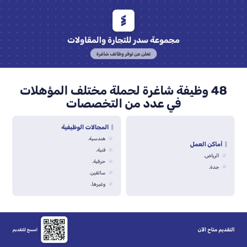 🔴 مجموعة سدر للتجارة والمقاولات توفر مجموعة من الشواغر الوظيفية في عدد من التخصصات لم […]
