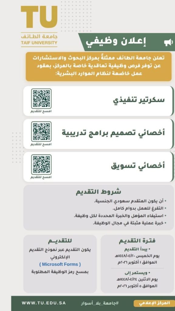 (🔴) جامعة الطائف تعلن توفر وظائف تعاقدية بمركز البحوث والاستشارات:▪️ سكرتير تنفيذي.