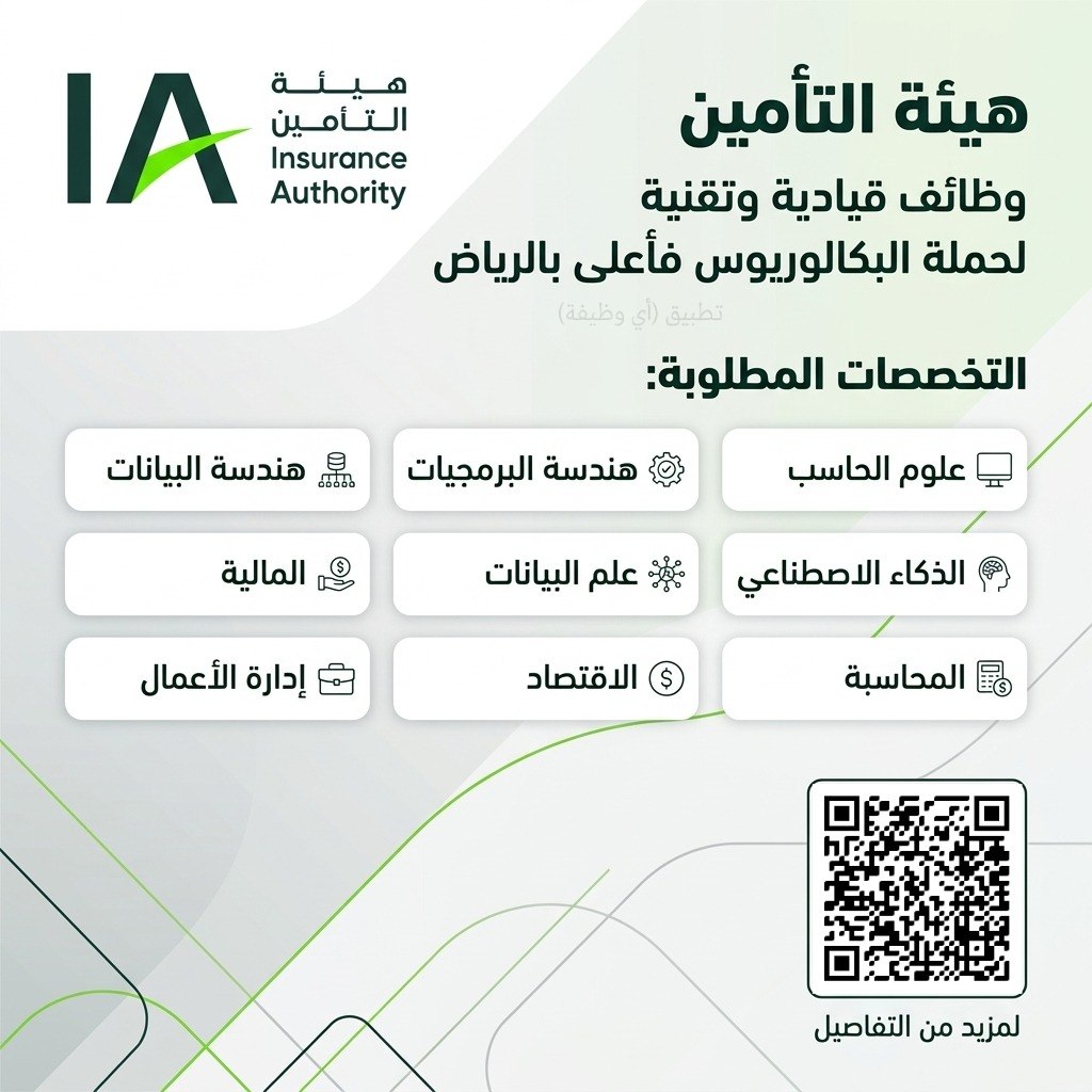 (🔴) هيئة التأمين تعلن وظائف قيادية وتقنية لحملة البكالوريوس فأعلى بالرياض:⭐️ التخصصا […]
