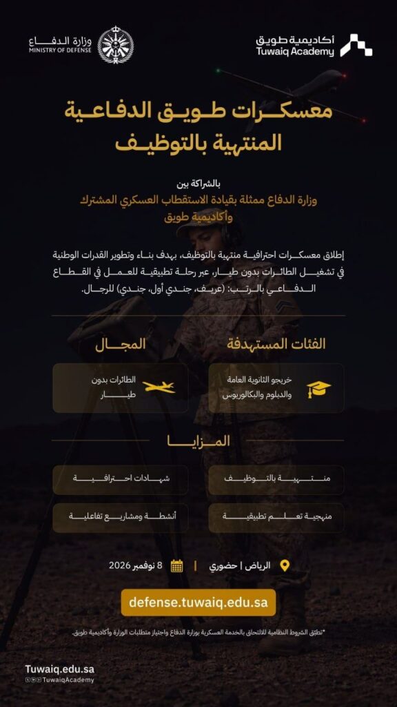 🔴 (وزارة الدفاع) تعلن معسكرات دفاعية (منتهية بالتوظيف) بالتعاون مع أكاديمية طويق:⭐️  […]